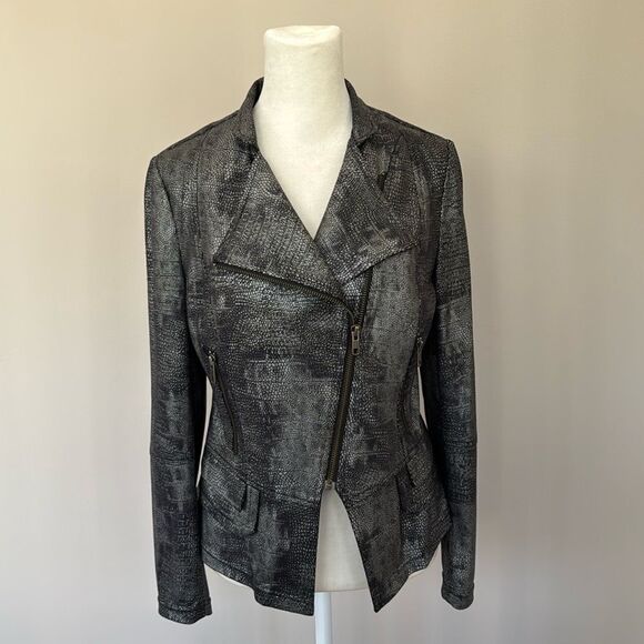 Clara Sun Woo Metallic Liquid Leather Textured Biker Jacket in Gun Metal Silver